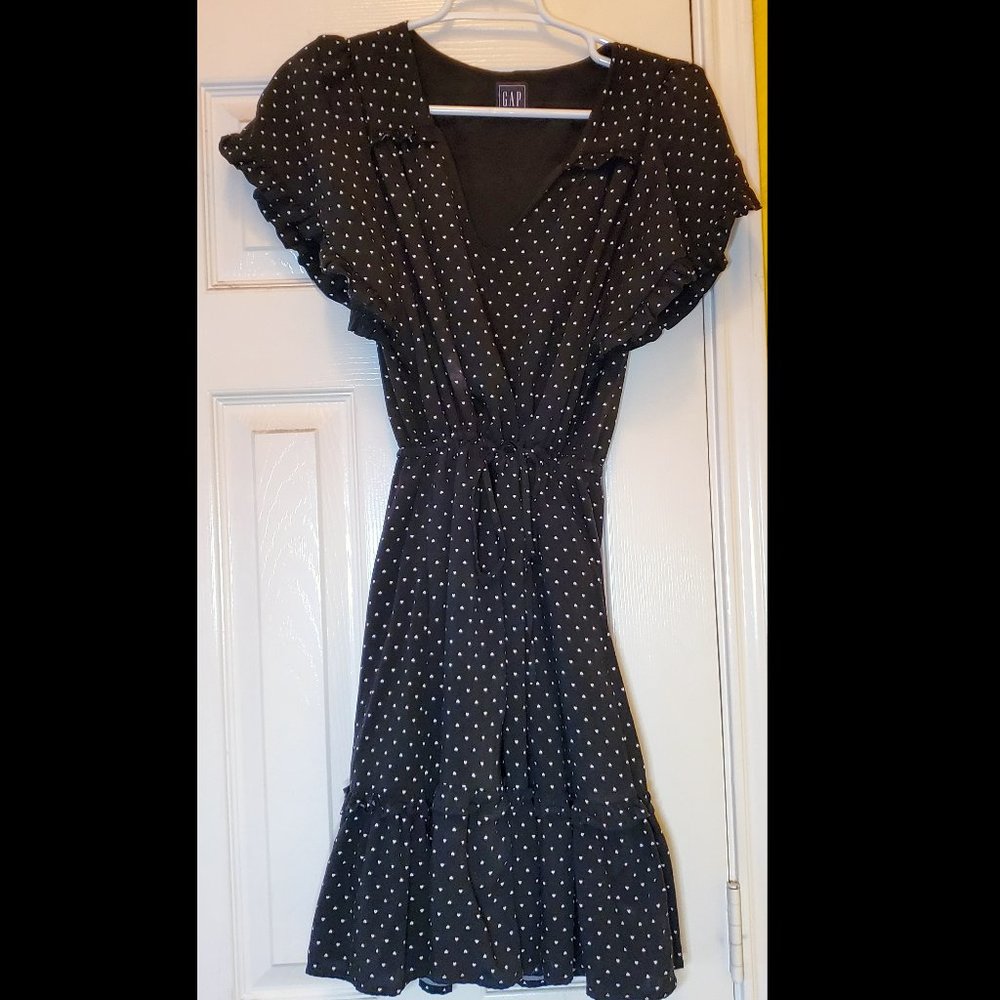 GAP Heart Polka Dot Tie Ruffle Sleeved Dress black and white M